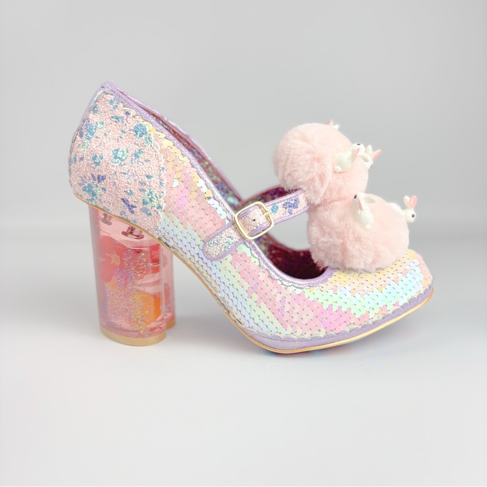 Irregular Choice Luce Mia Pink Rabbit Pom Heels – Size 38  – Iridescent